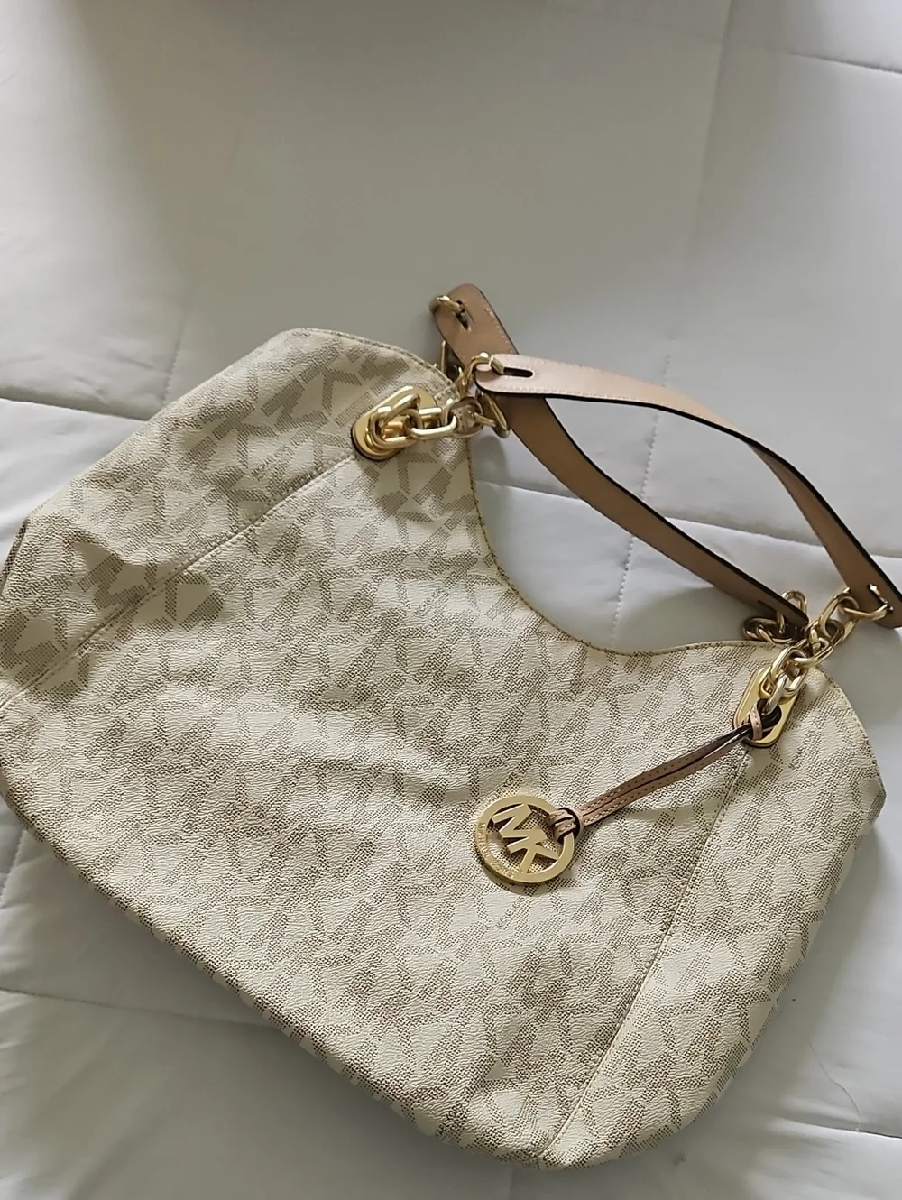 Michael Kors Cream Monogram Hobo Shoulder Bag with Tan Straps